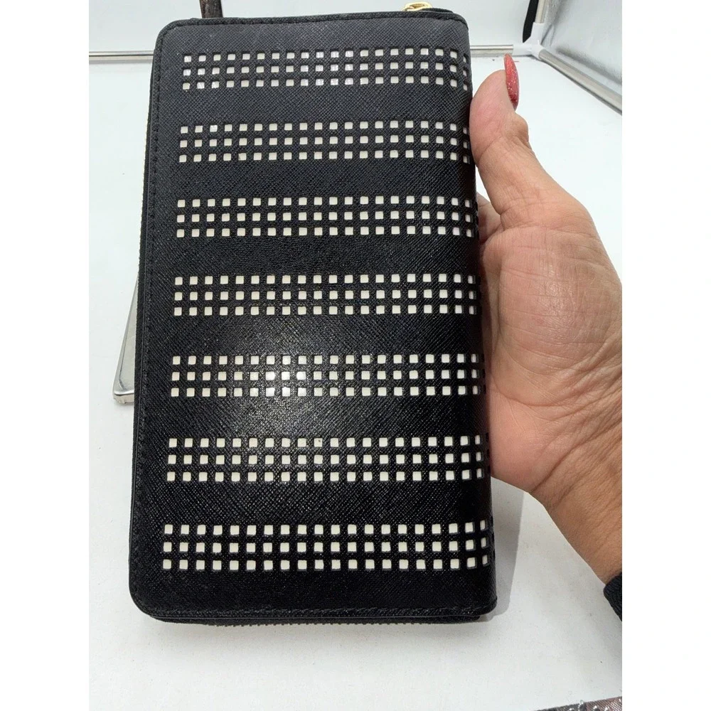 Tory Burch Black Saffiano Leather Perforated Zip Around Continental Wallet